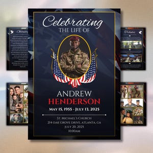 May include: A memorial service announcement with a navy blue background and a gold border. The text reads "Celebrating the Life of Andrew Henderson" with dates and location details. The design includes American flags and a photo of a man in uniform.