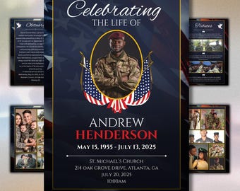 Military Veteran Funeral Program, Patriotic Memorial (Canva Template)