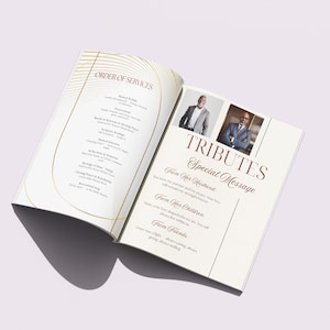 May include: An open booklet with a cream-colored cover and pages. The left page lists an "Order of Services" with text. The right page features the word "Tributes" and a "Special Message" with photos of two men. The booklet is on a light purple surface.