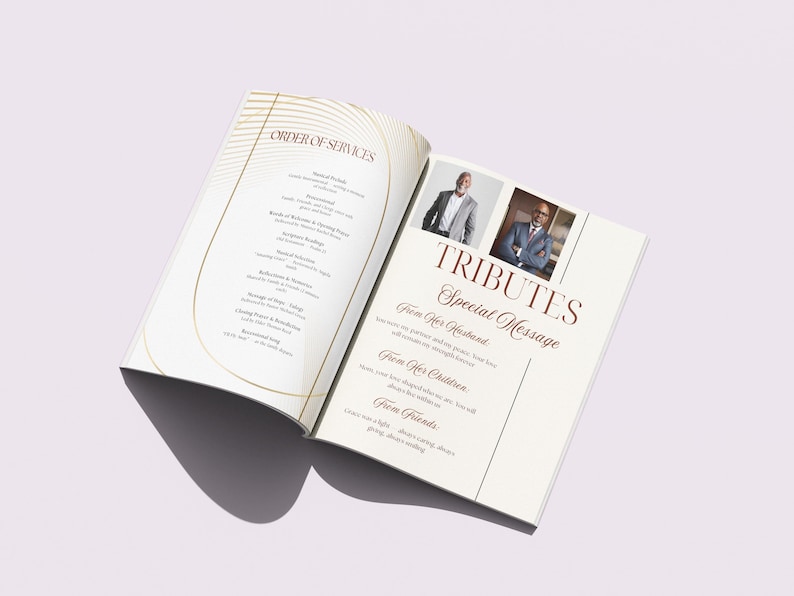May include: An open booklet with a cream-colored cover and pages. The left page lists an "Order of Services" with text. The right page features the word "Tributes" and a "Special Message" with photos of two men. The booklet is on a light purple surface.