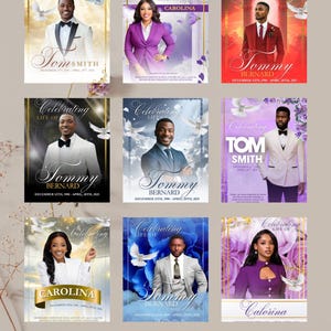 May include: A collection of editable memorial templates. Each template features a portrait, name, and dates, with decorative elements like doves and floral backgrounds. The templates are designed with a variety of color schemes and styles.