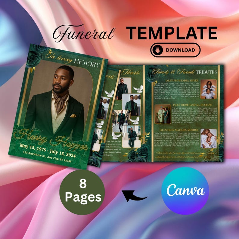 Green Roses Funeral Program Template, Celebration of Life, Obituary (8 ...