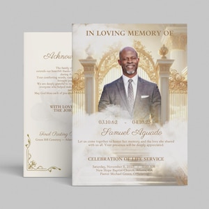 Puede incluir: Una tarjeta conmemorativa con un retrato de Samuel Aguado, enmarcado por elementos arquitectónicos dorados. La tarjeta incluye fechas, un nombre y el texto de una Celebración de la Vida.