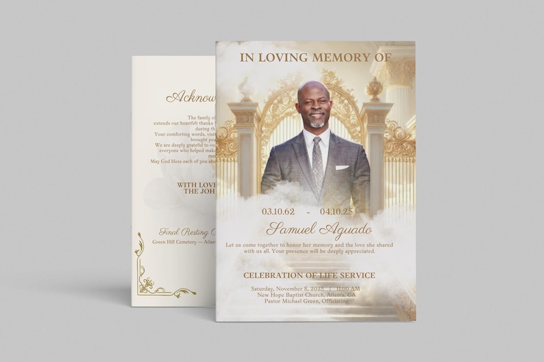May include: A memorial card with a portrait of Samuel Aguado, framed by ornate golden architectural elements. The card includes dates, a name, and text about a Celebration of Life Service.