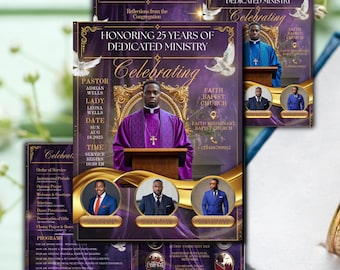Purple & Gold Pastor Anniversary Program Template (Canva Editable)