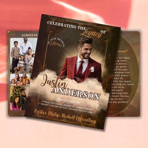 May include: A memorial card with a portrait of a man in a red suit, with the text "Celebrating the Legacy of Justin Anderson." The card includes family photos and details about the service.