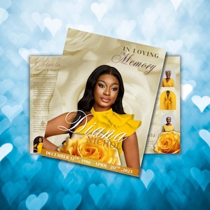 May include: A memorial card with a photo of a woman in a yellow top, with the name "Diana Nichol" and dates "December 12th, 1986 - April 20th, 2025". The card has the text "In Loving Memory" and "Celebrating The Life & Legacy".