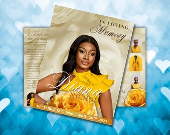 Yellow Roses Funeral Program Template, Obituary, Celebration of Life (Digital Download)