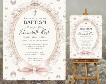 Girls Baptism Invitation, White Bow Pearls, Coquette Cross (Canva Template Digital Download)