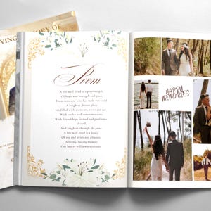 May include: An open book with a poem and wedding photos. The left page has a poem with floral accents. The right page has a collage of wedding photos with the words "Happy Memories". The cover of the book reads "In Loving Memory of".