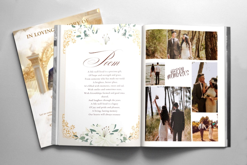 May include: An open book with a poem and wedding photos. The left page has a poem with floral accents. The right page has a collage of wedding photos with the words "Happy Memories". The cover of the book reads "In Loving Memory of".