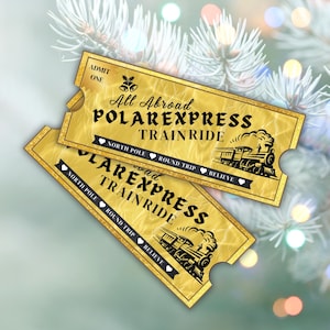 May include: Two gold-colored Polar Express train ride tickets. The tickets have black text that reads "All Aboard Polar Express Train Ride" and include a train graphic. The tickets also say "North Pole", "Round Trip", and "Believe".