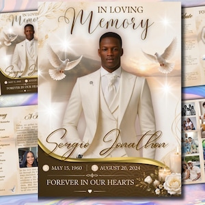 May include: A funeral program template featuring a portrait of a person in a white suit, gold text reading IN LOVING MEMORY and Sergio Jonathon, dates May 15, 1960 and August 20, 2024, white doves, glowing stars, and white roses on a cream background.