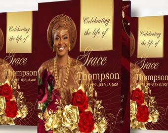 Red Roses Funeral Program Template, Celebration of Life, Canva Editable (Digital Download)