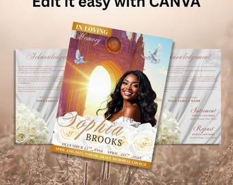 White Gold Roses Funeral Program Template, Memorial Service (7x11, Canva)