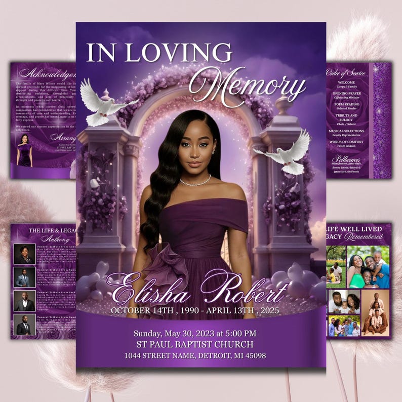 K&ouml;nnte beinhalten: Eine violette Trauerprogramm-Vorlage mit dem Portr&auml;t einer Person in einem dunkelvioletten Kleid, eingerahmt von einem Torbogen mit wei&szlig;en Tauben. Der Text enth&auml;lt IN LOVING MEMORY, Elisha Robert, 14. Oktober 1990 - 13. April 2025 und Details.