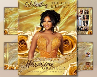 Gold Roses Funeral Program Template, Elegant Memorial (Canva)