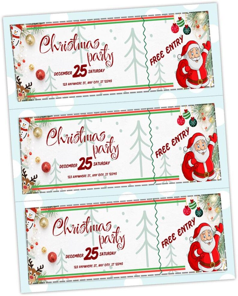 May include: Christmas party tickets with festive designs. Each ticket features the text "Christmas party" in elegant script, the date "December 25 Saturday", and a Santa Claus illustration. Includes a "Free Entry" section.