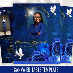 May include: A Canva editable template for a memorial service announcement. The design features a portrait of a woman in a blue suit, surrounded by blue roses and doves. The text includes the name Eleanor Fitzgerald, dates, and address.