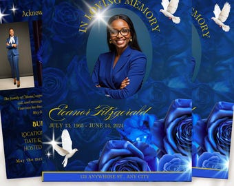 May include: A Canva editable template for a memorial service announcement. The design features a portrait of a woman in a blue suit, surrounded by blue roses and doves. The text includes the name Eleanor Fitzgerald, dates, and address.