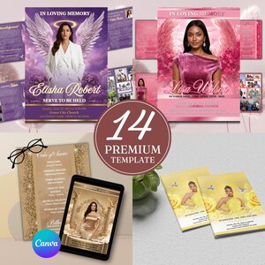 K&ouml;nnte beinhalten: Eine Sammlung von 14 Trauerprogramm-Vorlagen mit verschiedenen Designs, Portr&auml;ts von Personen, floralen Akzenten, Engelsfl&uuml;geln und Texten wie In Loving Memory, Order of Service sowie Namen wie Elisha Robert und Lisa Wilson.
