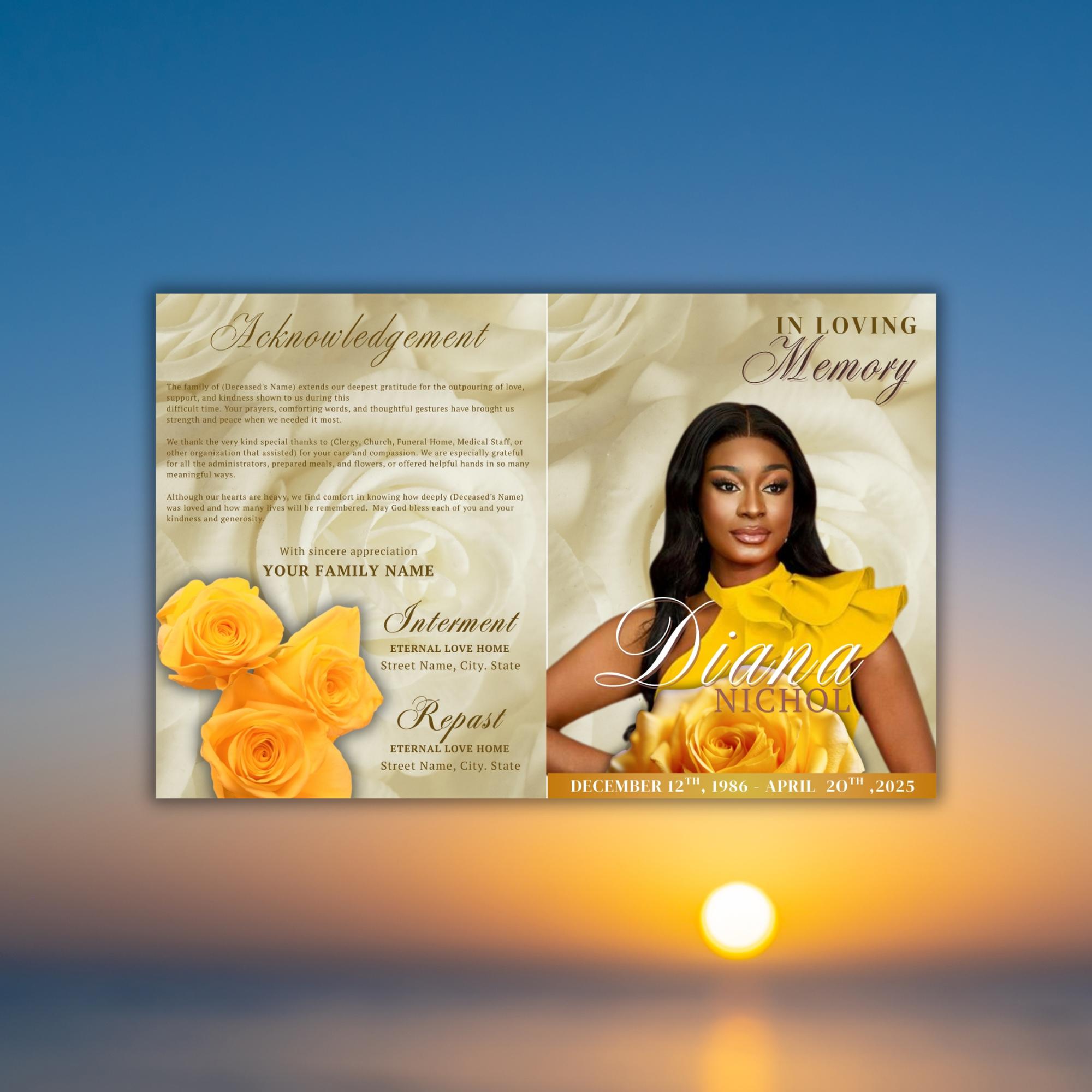 Yellow Roses Funeral Vector Yellow Roses Funeral Program Template 8 Pages, Obituary Template for ...