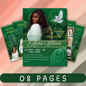 May include: A memorial program with a green and white color scheme. The front features a portrait of a woman, the text "A Journey Well Lived," and the name "Anna Wilson." Additional text includes dates and service details. The program is 8 pages.