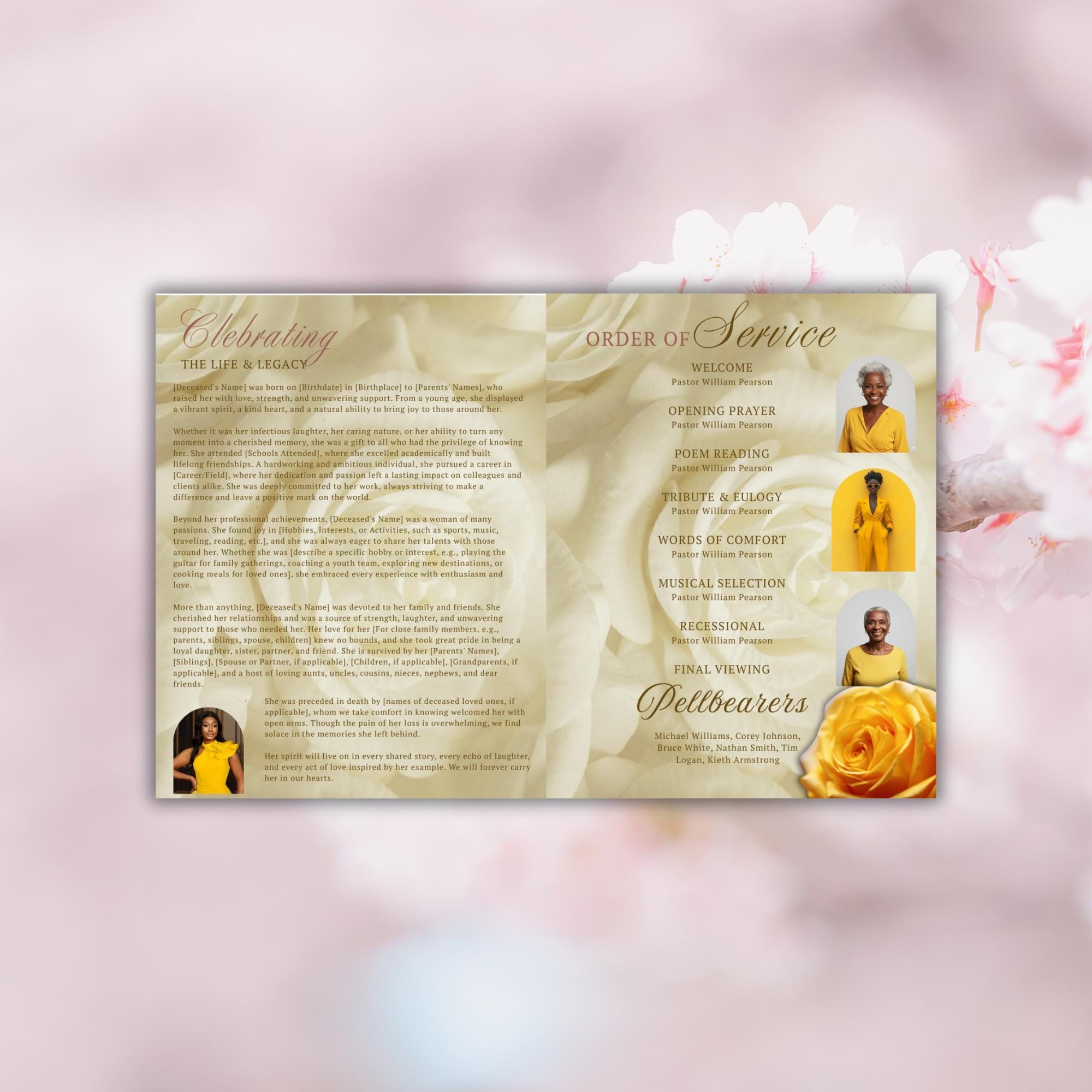 Yellow Roses Funeral Vector Yellow Roses Funeral Program Template 8 Pages, Obituary Template for ...