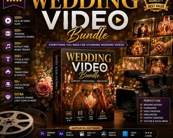 Paquete de edición de vídeo cinematográfico para bodas / Recursos 4K, transiciones, LUTs (descarga digital)