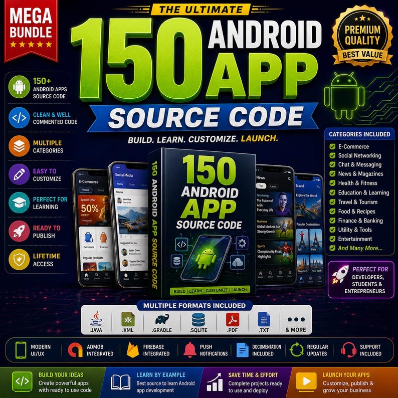 May include: A digital product advertisement for 150 Android App Source Code, featuring a central box graphic, four smartphone screens displaying app interfaces, and lists of features including Java, XML, Gradle, SQLite, PDF, and TXT formats.