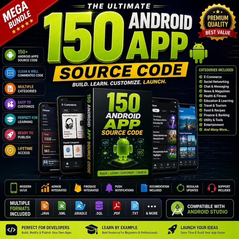 May include: A digital product bundle featuring 150 Android app source codes. The graphic displays a central box with the text 150 Android App Source Code, surrounded by mobile phone mockups, feature lists, and icons for Java, XML, and Gradle.