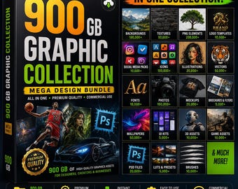 900GB Graphic Collection Mega Bundle | PNG, SVG, PSD, Mockups, Fonts (Digital Download)