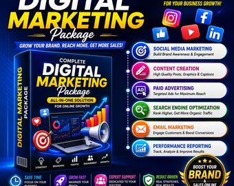 Pakiet marketingu cyfrowego | Media społecznościowe, SEO, zasoby treści (pobieranie cyfrowe)