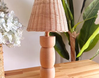 Rattan Table Lamp with Solid Wood Base, Handmade Boho Wicker Lampshade, Natural Minimalist Home Lighting, Rattan Lampshade