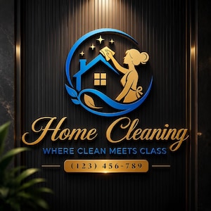 Könnte beinhalten: Ein kreisförmiges Logo mit einer goldenen Silhouette einer Person, die ein Hausdach reinigt, umgeben von blauen Schwüngen und Sternen. Darunter steht der Text Home Cleaning, WHERE CLEAN MEETS CLASS und die Nummer (123) 456-789 auf einer Goldplakette.