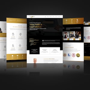 Peut inclure: Maquette de conception de site web avec plusieurs écrans aux couleurs or et noir. Les écrans affichent du contenu lié aux services de notaire et aux solutions juridiques, avec du texte et des images de professionnels. La conception comprend des logos et des icônes de services.
