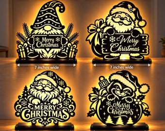 Paquete de archivos de corte láser navideños, letreros de Feliz Navidad con gnomos de Papá Noel, 4 diseños de decoración de mesa navideña SVG DXF AI