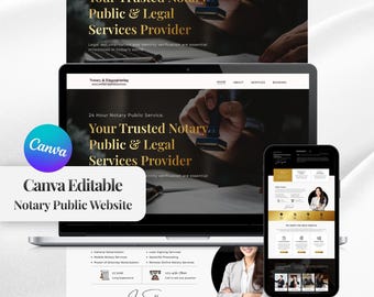 Plantilla de sitio web de notario en Canva, diseño editable para dispositivos móviles, sitio web profesional de notario público, descarga digital instantánea.