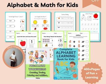 Paquete de aprendizaje del alfabeto y las matemáticas + Libro de cuentos de regalo (más de 400 imprimibles)