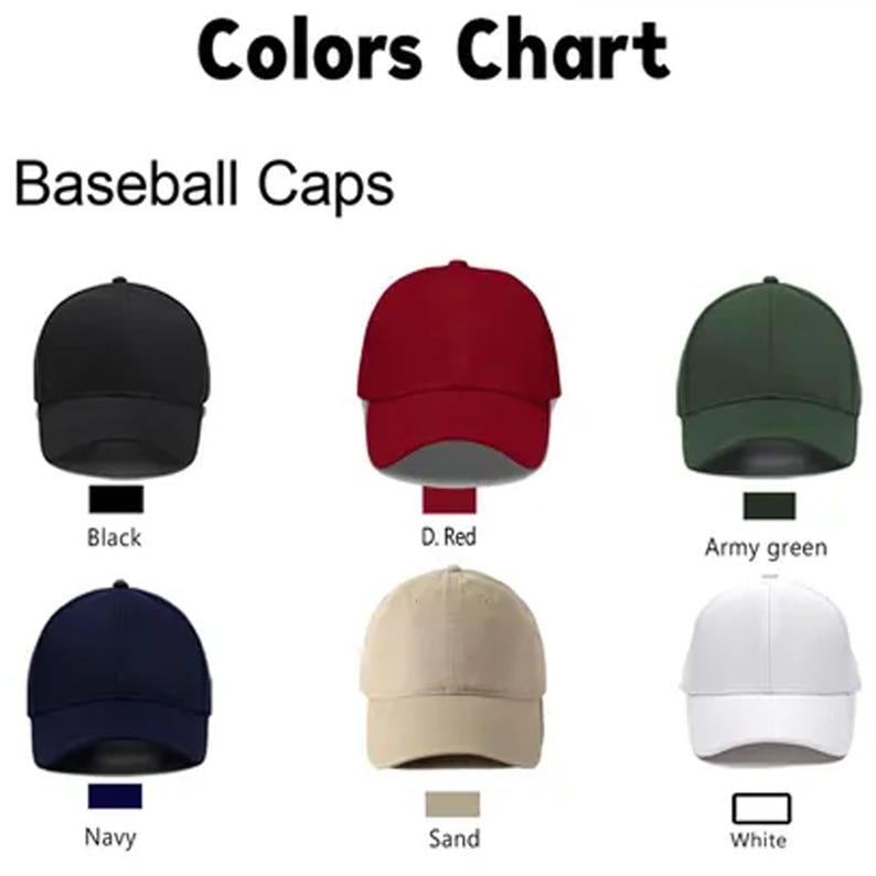 May include: A colors chart for baseball caps featuring six solid-colored hats in black, dark red, army green, navy, sand, and white. Each cap is displayed with a corresponding color swatch and label below it, titled Colors Chart and Baseball Caps.
