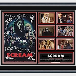May include: Framed Scream film poster with cast signatures. The poster features the Ghostface killer and several film stills. The title "Scream" is in red. The poster is in a black frame.