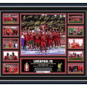 May include: Framed Liverpool FC print celebrating the 2024/2025 English Premier League victory. The print includes multiple images of the team, player signatures, and the Liverpool FC logo. Text reads: "2024/2025 English Premier League Champions".