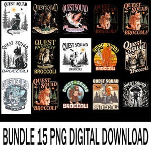 Könnte beinhalten: Eine Sammlung von 15 digitalen PNG-Downloads mit verschiedenen Designs zum Thema Katze. Jedes Design zeigt eine Katze in verschiedenen Abenteuerszenarien, mit dem Text "Quest Squad" und "Broccoli". Die Designs sind in einer Vielzahl von Farben und Stilen.