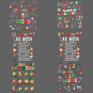 May include: A collection of four graphic designs with the text "12 Days of Lab Work." Each design features a festive, colorful theme with lab-related icons and text, including a Christmas tree and ornaments.