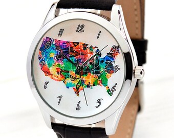 USA Map Watch | Mother's Day Gift | Watercolor Art United States Map | Patriotic Gifts Men | 4th July | FREE SHIPPING