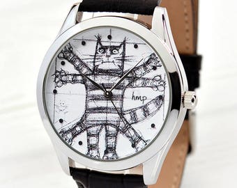 Vitruvian Cat Leather Watch | Cadeau unique | Cadeau d’amoureux de chat | Cadeaux pour femmes | Petite amie Cadeau | Frère Cadeau | LIVRAISON GRATUITE