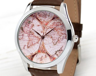 vintage World Map Watch | Cadeaux pour les voyageurs | Bijoux antiques | Regardez les femmes | Montre homme | montre en cuir de style vintage | LIVRAISON GRATUITE