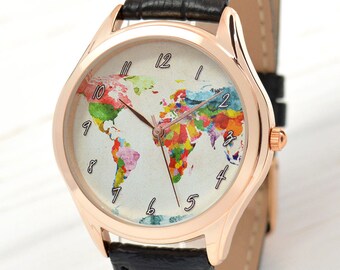 Monde carte montre - aquarelle - cadeau pour femmes - bijoux en or Rose - cadeau fille - cadeau pour elle - cuir montre en or rose - livraison gratuite