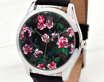 Pink Roses Ladies Watch - Unique Gift Idea - Flower Pattern Women Watches - Love Gift - Roman Numeral Leather Watch - FREE SHIPPING
