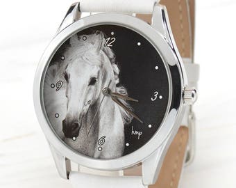 Montre Cheval Blanc | Cadeaux pour les amoureux des chevaux | Bijoux de cheval | Montres en cuir pour femmes | Cadeaux romantiques pour elle | Cadeau de collègue | Livraison gratuite